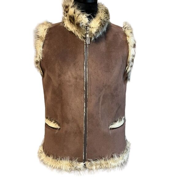 SPORT HALEY Faux Suede Leopard Faux Fur lining Vest size Medium front pockets - Picture 1 of 15